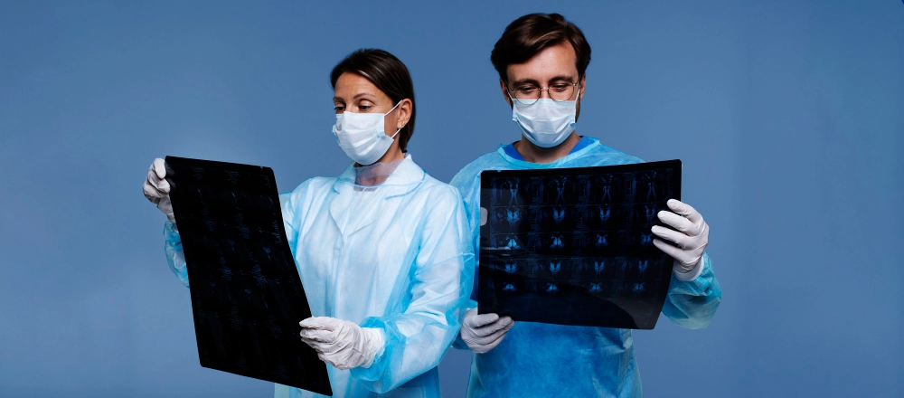Dos doctores en vista frontal revisando radiografías